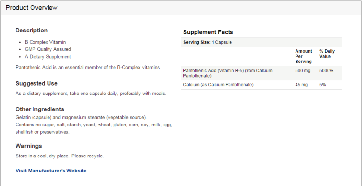 Obat Jerawat Pantothenic Acid- Supplement Facts